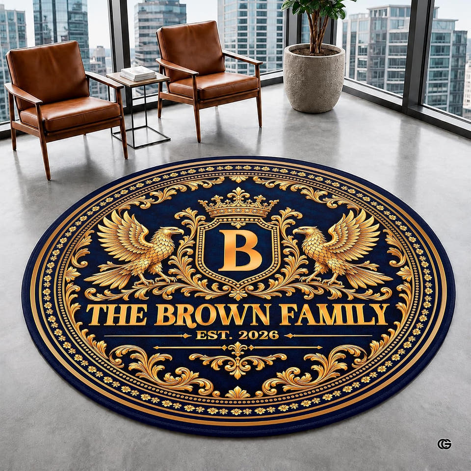 Royal heraldic crest Round Area Rug with golden eagles and navy acanthus borders.