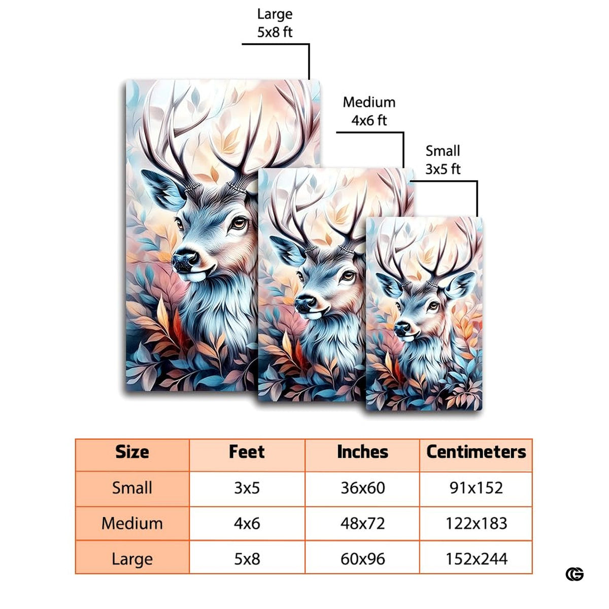 Dimension comparison chart displaying multiple size formats for this artistic deer area rug.