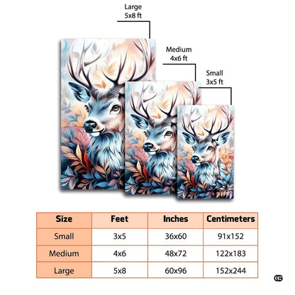 Dimension comparison chart displaying multiple size formats for this artistic deer area rug. - thumbnail image 2 of 7