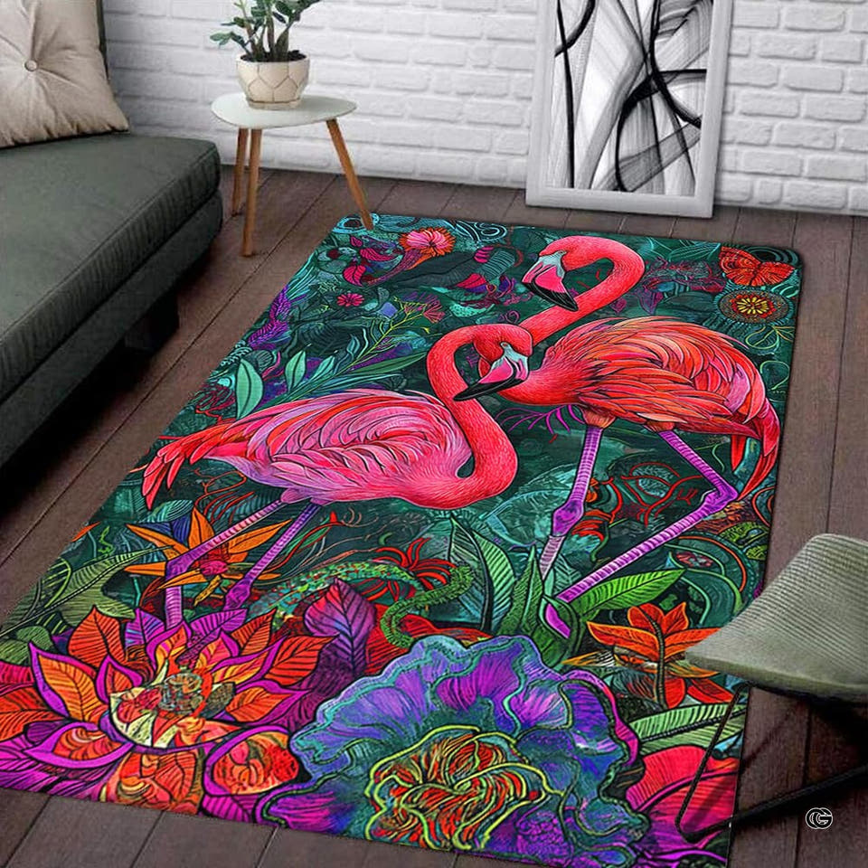Tropical floral rug with two pink flamingos and exotic flowers for a bright classroom.