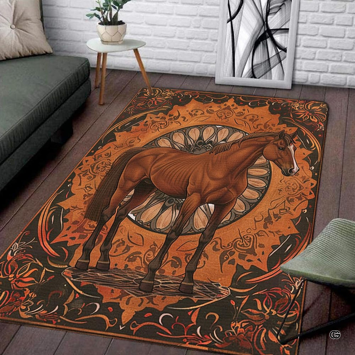 Top-down view of horse area rug with brown horse portrait inside ornate mandala medallion and rust orange scrollwork borders. - image 1 of 5