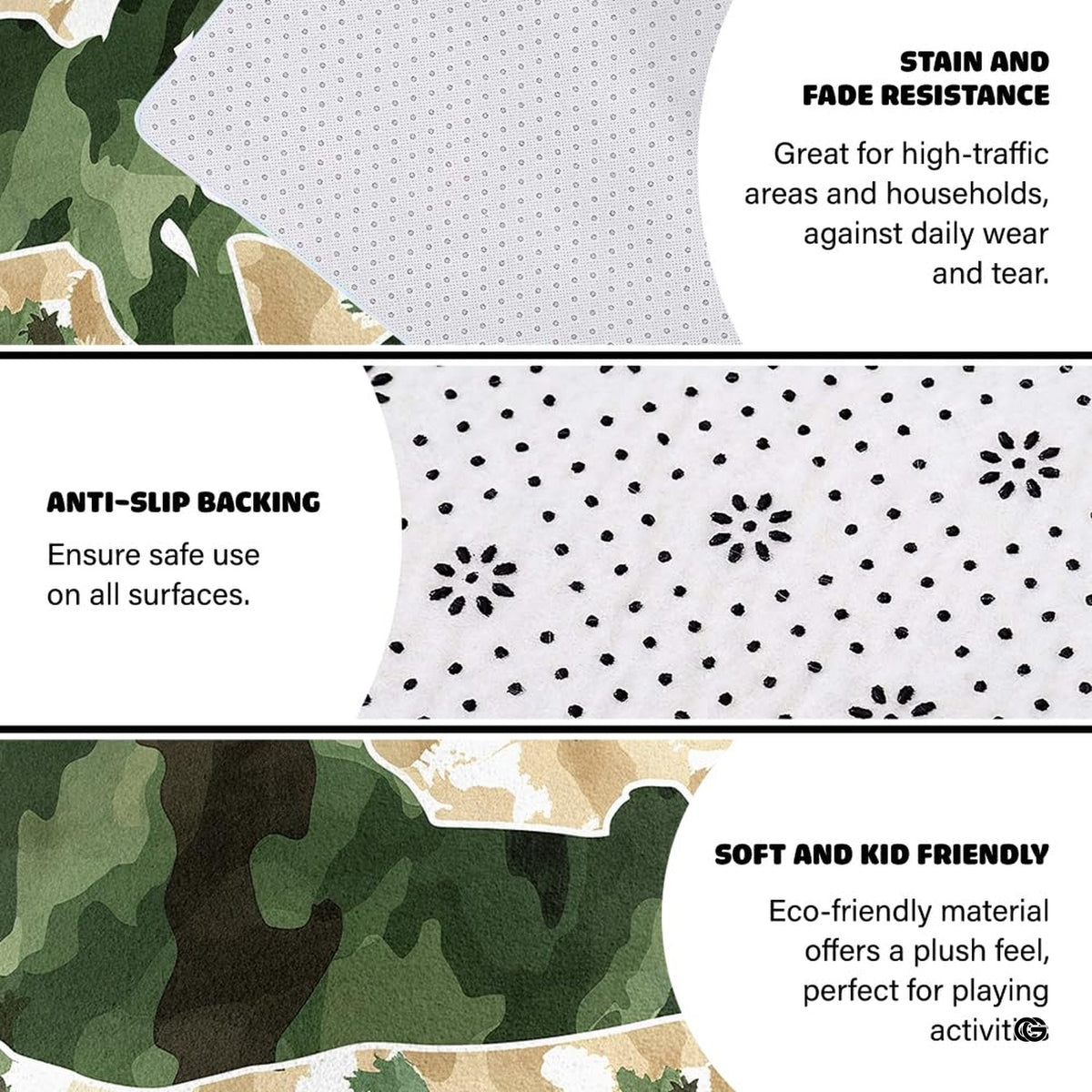 Woodland camo deer wildlife carpet displayed in cozy living room interior