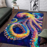 Psychedelic mosaic octopus area rug displaying colorful sea creatures on navy background.