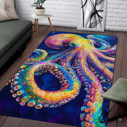 Psychedelic mosaic octopus area rug displaying colorful sea creatures on navy background. - thumbnail image 1 of 7