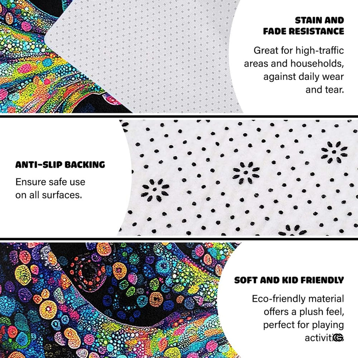 Detailed visual of glowing multicolored dot art and suction cups on decorative octopus rug. - image 6 of 7