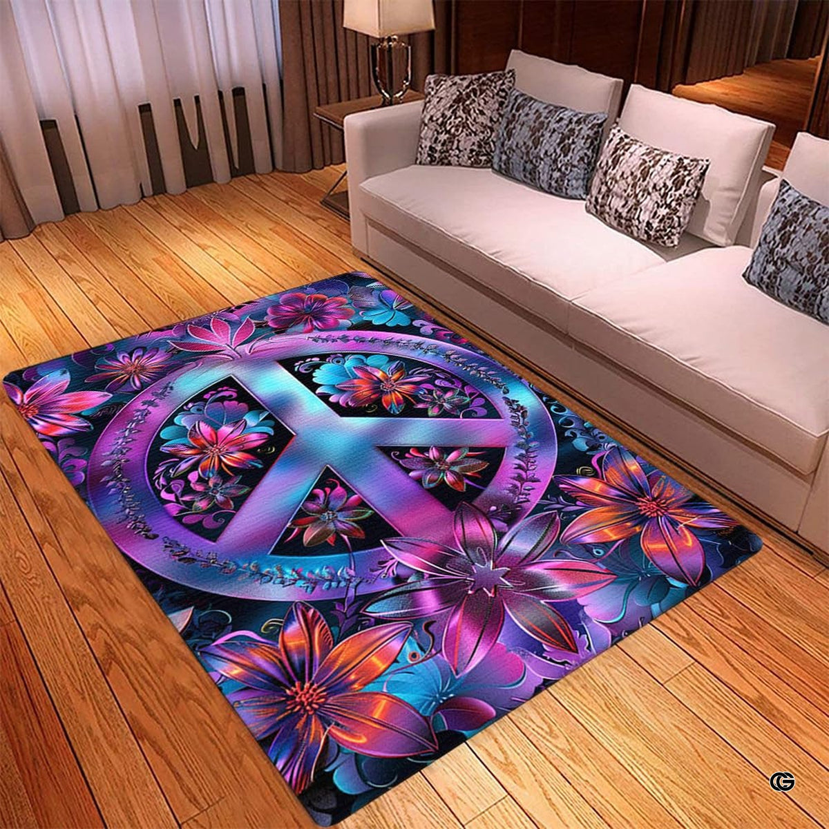 Soft low-pile microfiber surface texture on floral peace sign boho sports area rug - image 3 of 5