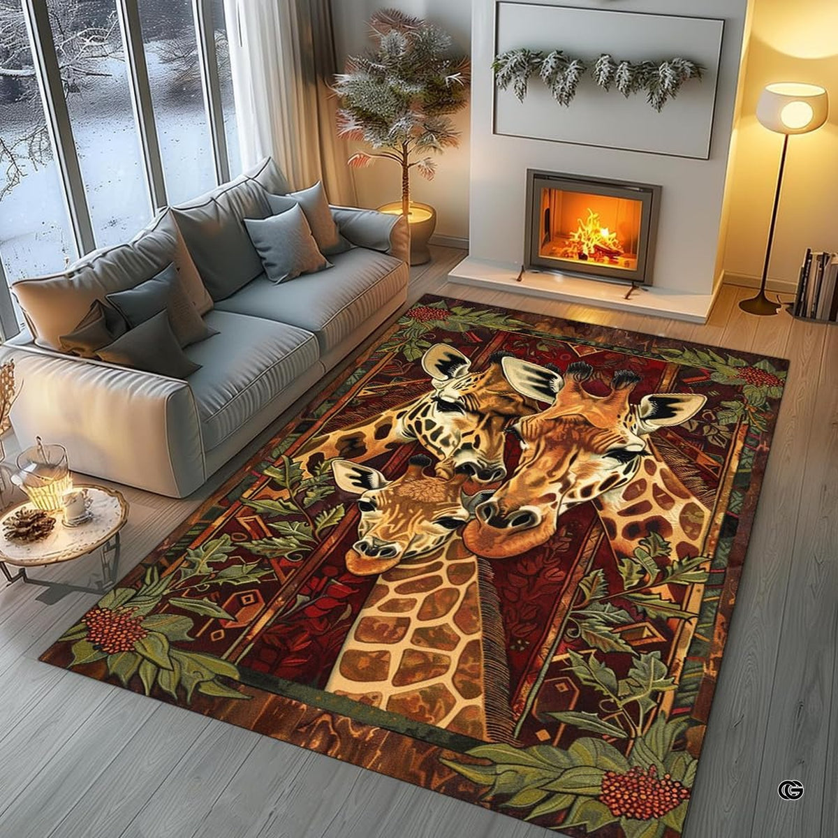 Fireside lounge setting with a person relaxing on the rustic giraffe family rug