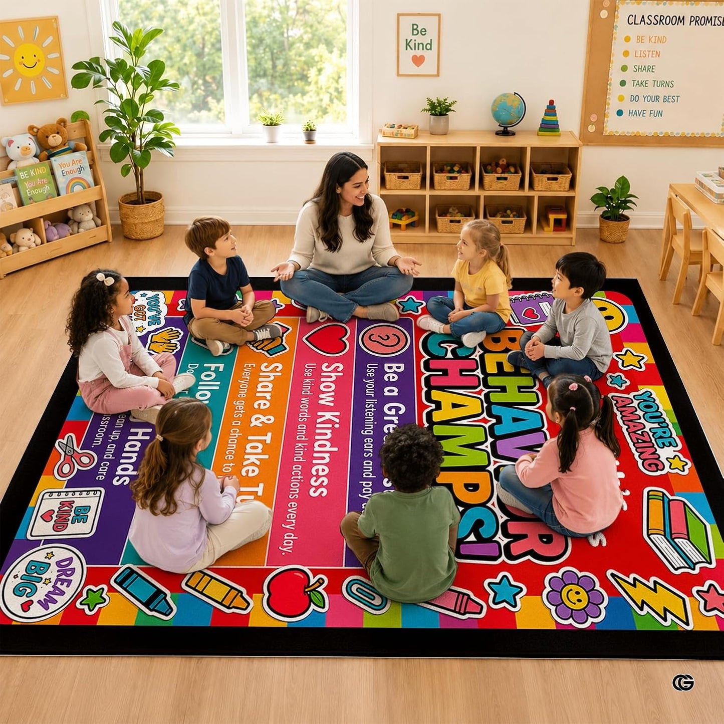 Personalized Teachers Classroom Rug, Custom Teacher Name Classroom Rules Area Rug, Feeling Chart Calming Corner Mat, Kindergarten Educational Back to School Class Decor (D6)