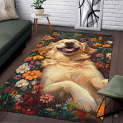 Floral golden retriever area rug depicting a smiling dog in a colorful wildflower meadow. - thumbnail image 1 of 5