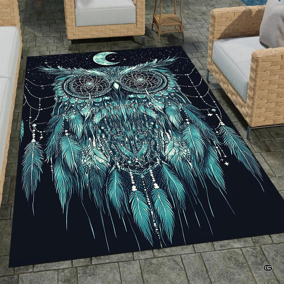 Mystical area rug showing dreamcatcher owl with mandala eyes and crescent moon in teal navy palette.