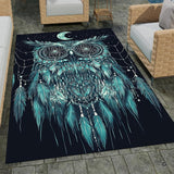 Mystical area rug showing dreamcatcher owl with mandala eyes and crescent moon in teal navy palette.