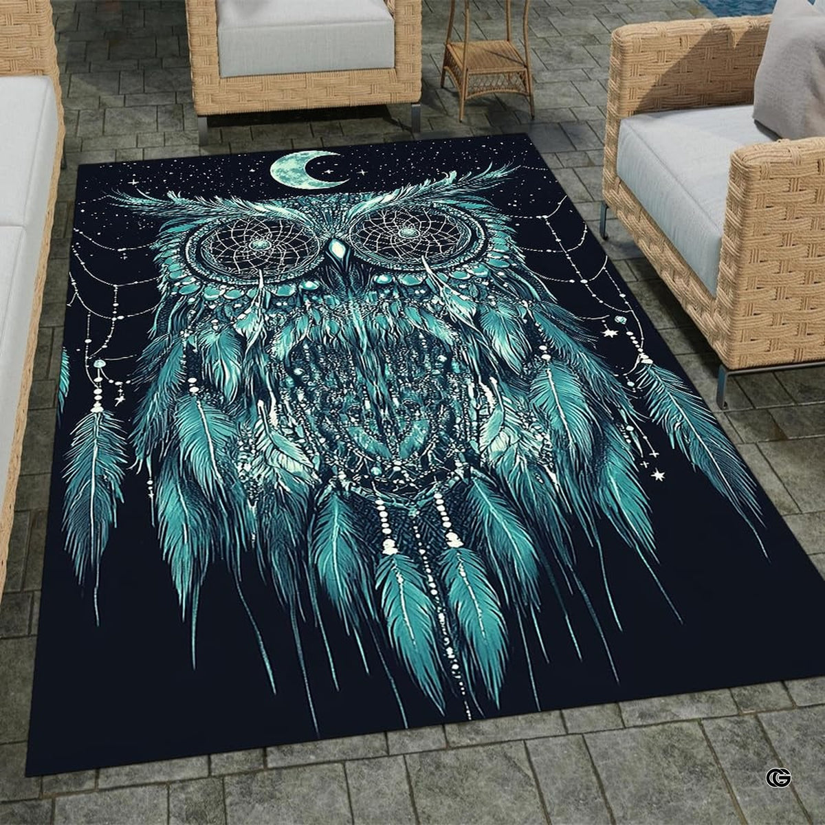 Mystical area rug showing dreamcatcher owl with mandala eyes and crescent moon in teal navy palette. - image 1 of 8