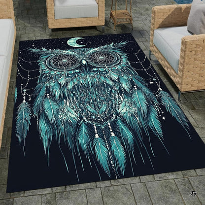 Mystical area rug showing dreamcatcher owl with mandala eyes and crescent moon in teal navy palette. - thumbnail image 1 of 8