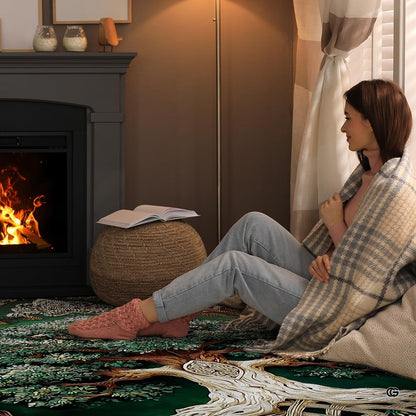 Modern living room setting displaying the emerald green Celtic oak Tree of Life rug - thumbnail image 2 of 8