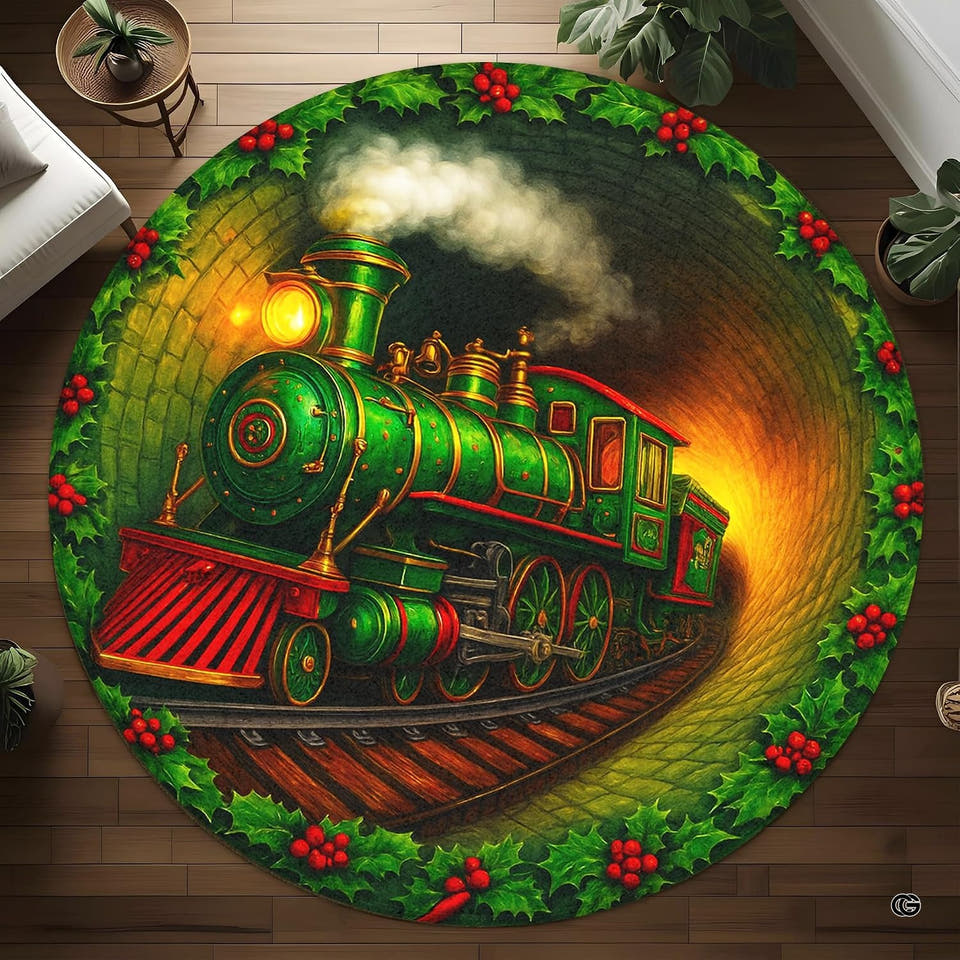 Isolated top-down view of round area rug featuring an emerald steam locomotive emerging from a tunnel.
