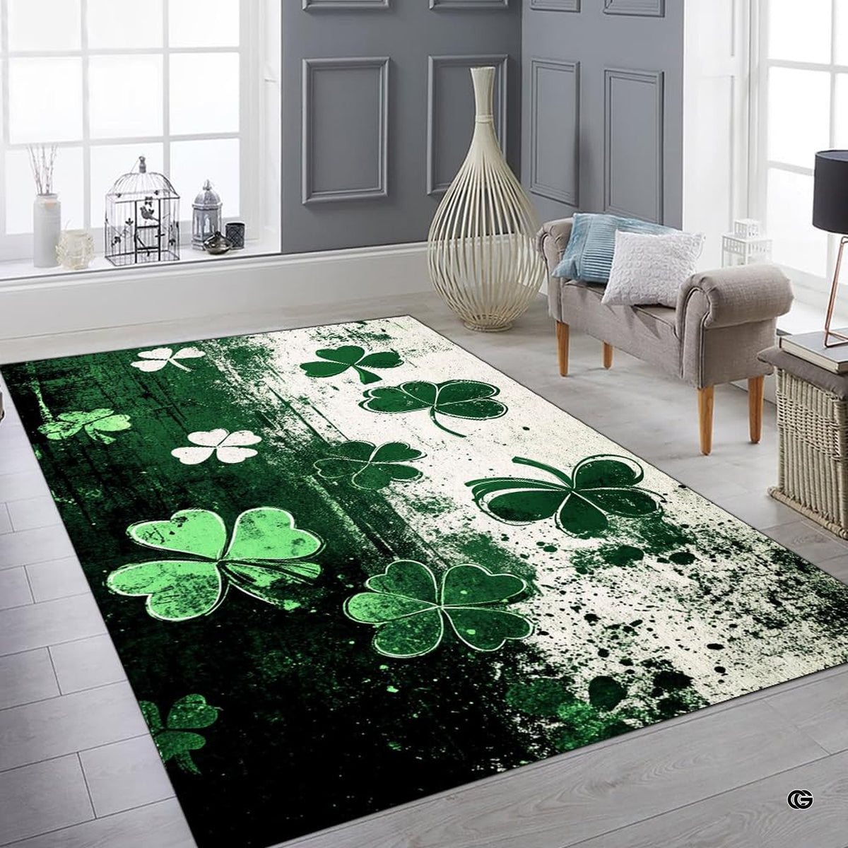 Styling perspective of clover area rug anchoring a seating arrangement with dark wood accent tables.