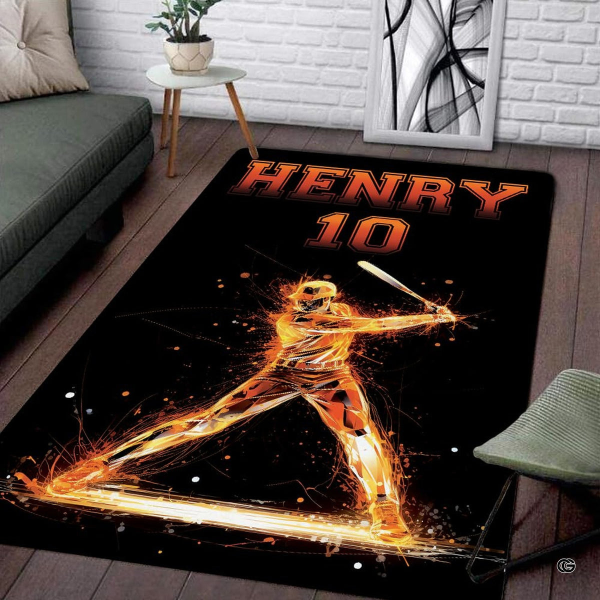 Fiery batter mid-swing graphic on baseball play area rug on dark floor
