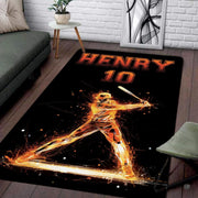 Fiery batter mid-swing graphic on baseball play area rug on dark floor - thumbnail image 1 of 7