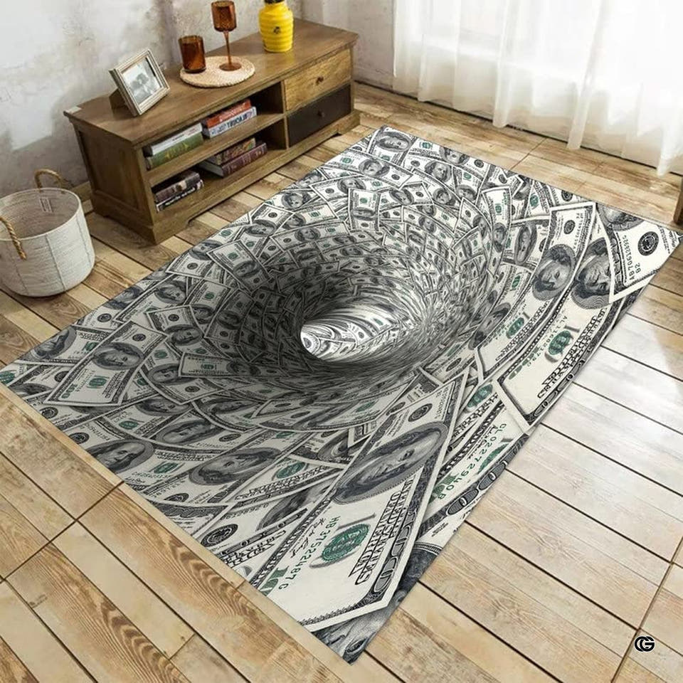 100 dollar bill rug featuring a 3D optical illusion vortex of spiraling banknotes in green and cream