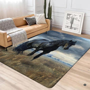 Scenic equestrian art rug displayed in an earthy rustic interior setting with wood furniture. - thumbnail image 4 of 5