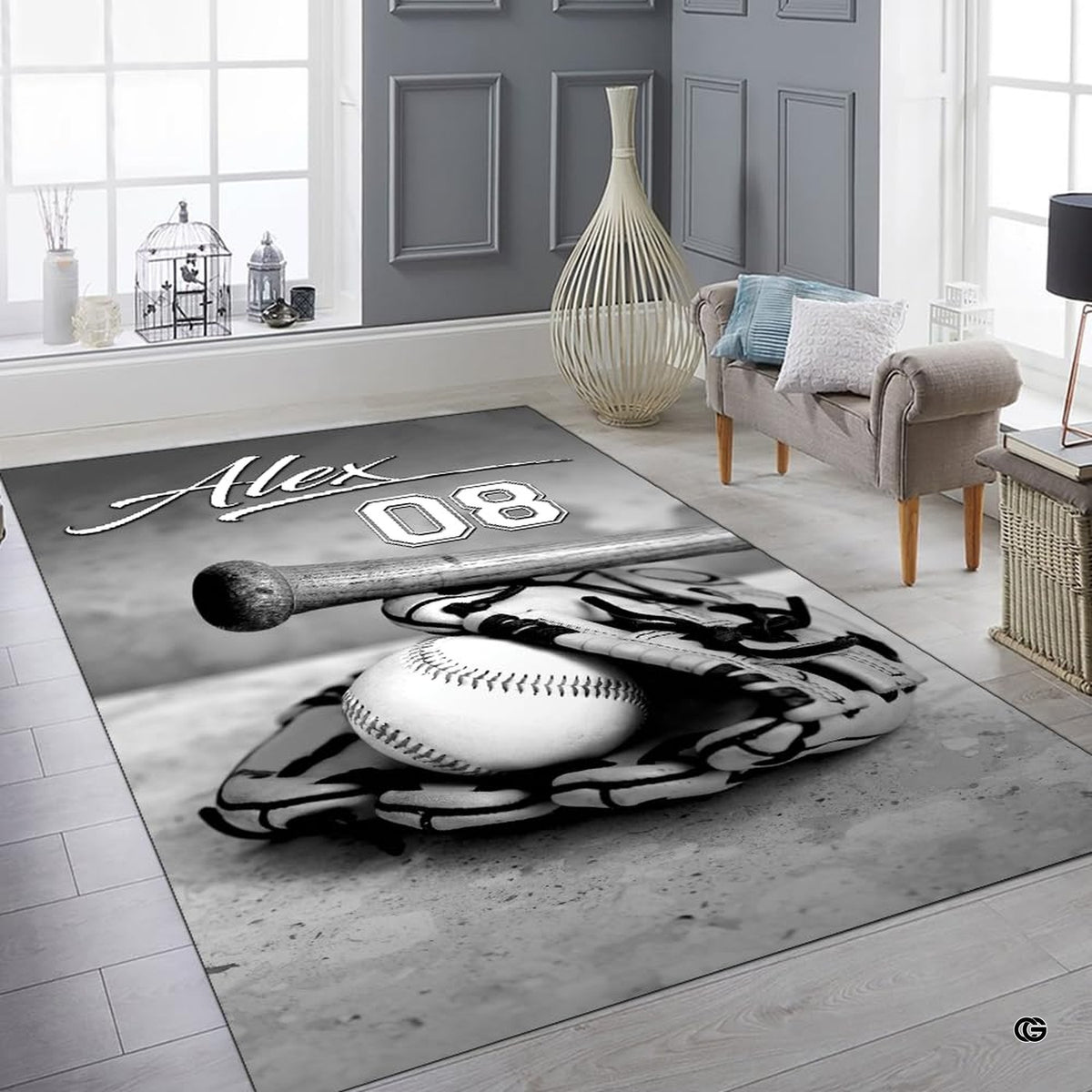 Rustic textured backdrop and baseball number art print on black and white floor accent. - image 6 of 7