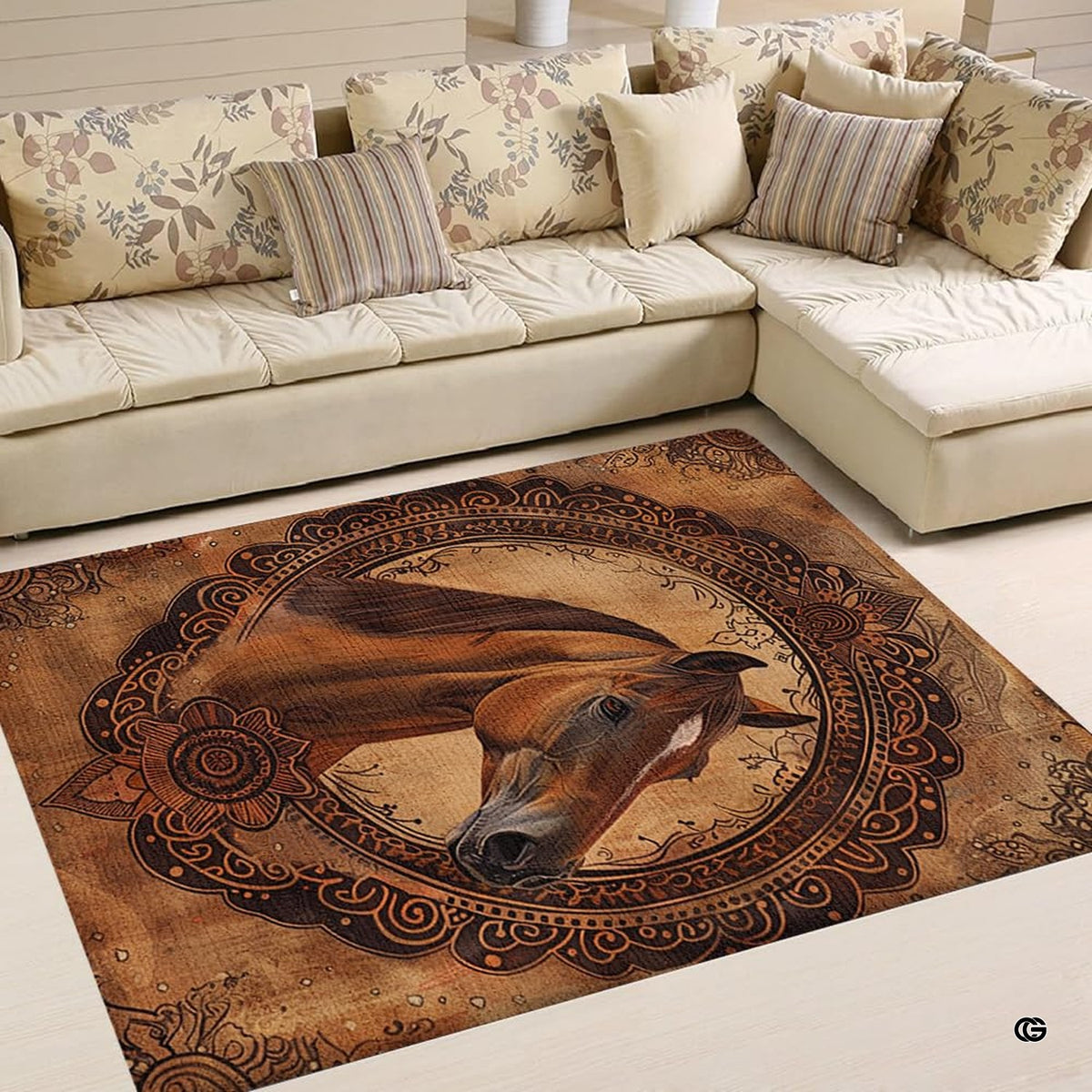 Dimension chart displaying size options for western horse area rug. - image 2 of 5
