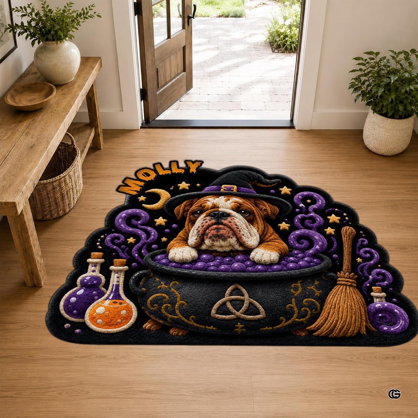 Custom Dog Photo Rug, Personalized Pet Portrait Area Mat Non Slip Indoor Door Rug for Dog Lovers, Welcome Home Decor Halloween (Witch Cauldron)