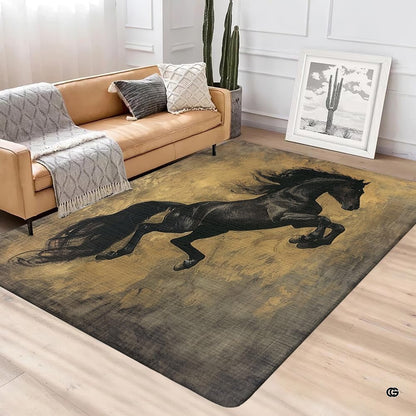 Detailed view of expressive brush strokes and flowing mane on black horse rug. - thumbnail image 4 of 5