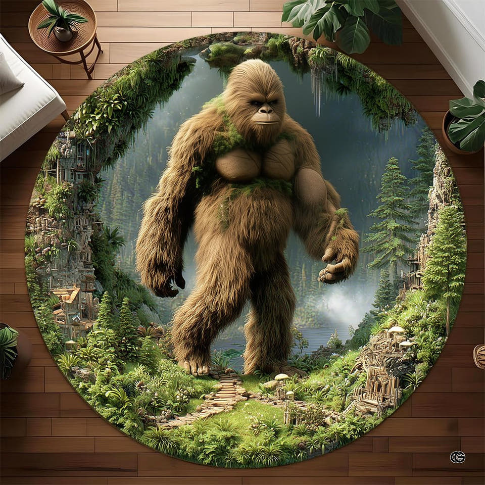 Round Bigfoot rug walking through a mountain village valley