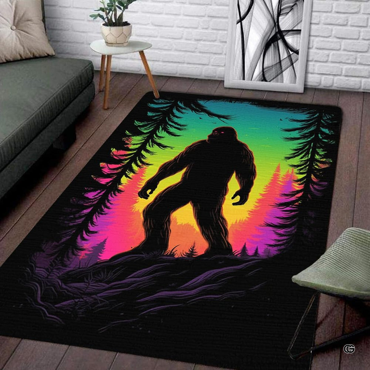 Retro synthwave Bigfoot area rug displaying vibrant gradient sky and pine tree silhouette location art.