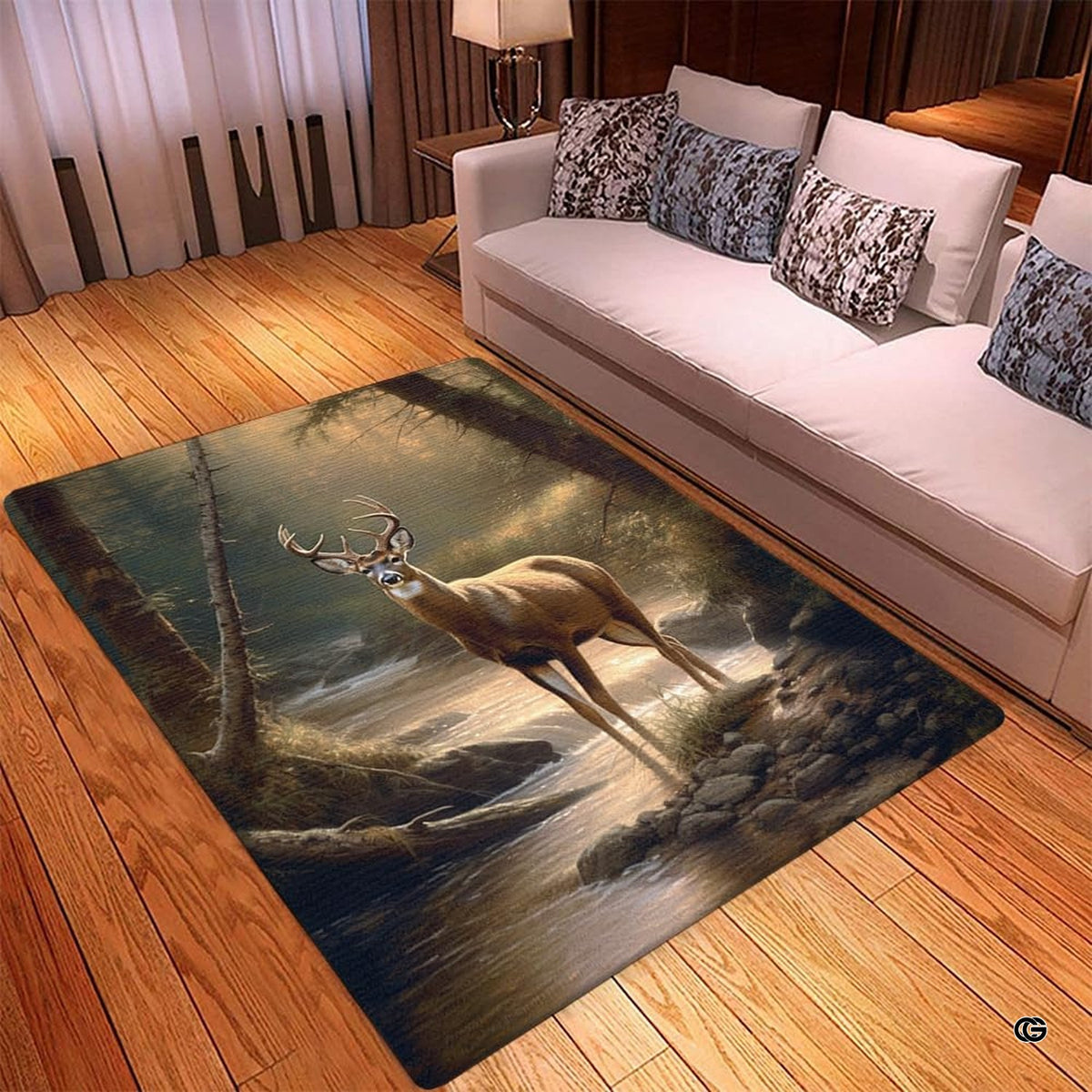 Overhead view of the deer stream illustration framed by chestnut brown and amber gold earth tones. - image 3 of 5