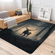 Close-up detail illustrating the buck antlers, misty pine trees, and soft microfiber pile - thumbnail image 3 of 5