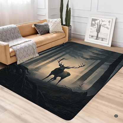 Close-up detail illustrating the buck antlers, misty pine trees, and soft microfiber pile - thumbnail image 3 of 5