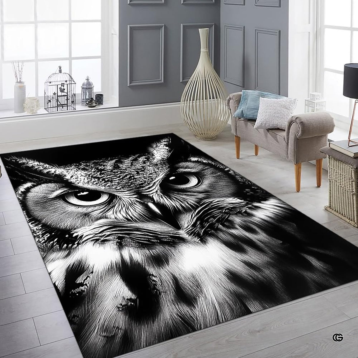 Monochrome horned owl floor carpet displayed in comfortable room interior
