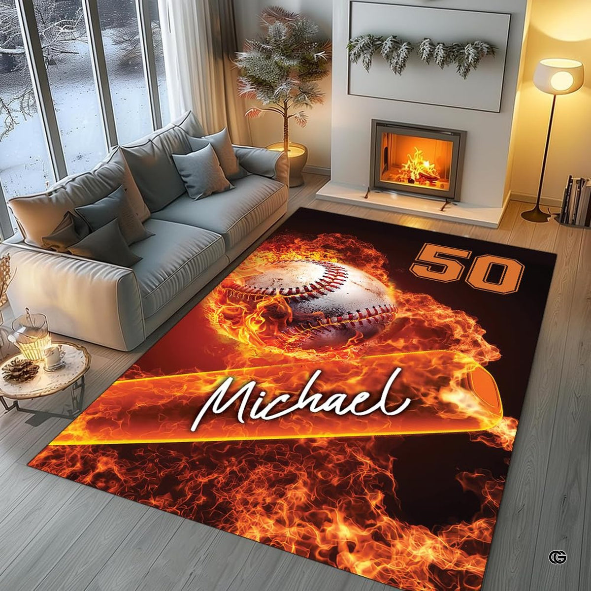 Living room lounge setup featuring fiery baseball dynamic brand area rugs decor. - image 5 of 7
