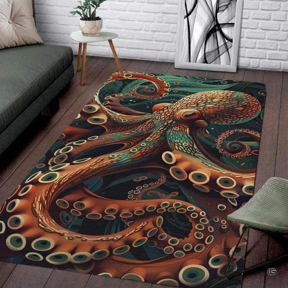 Overhead view of the giant octopus area rug in warm copper, burnt orange, amber, and deep teal tones.
