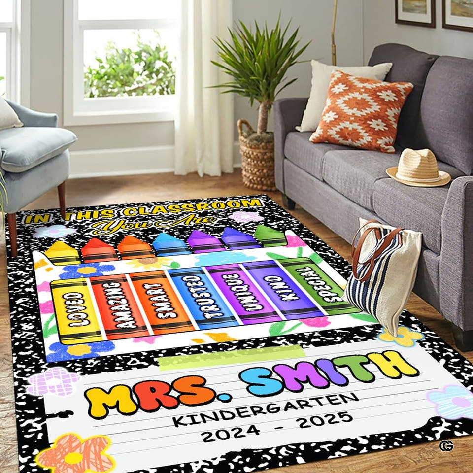 Classroom area rug with composition notebook pattern, crayons, and flowers for preschool floor mats decor.