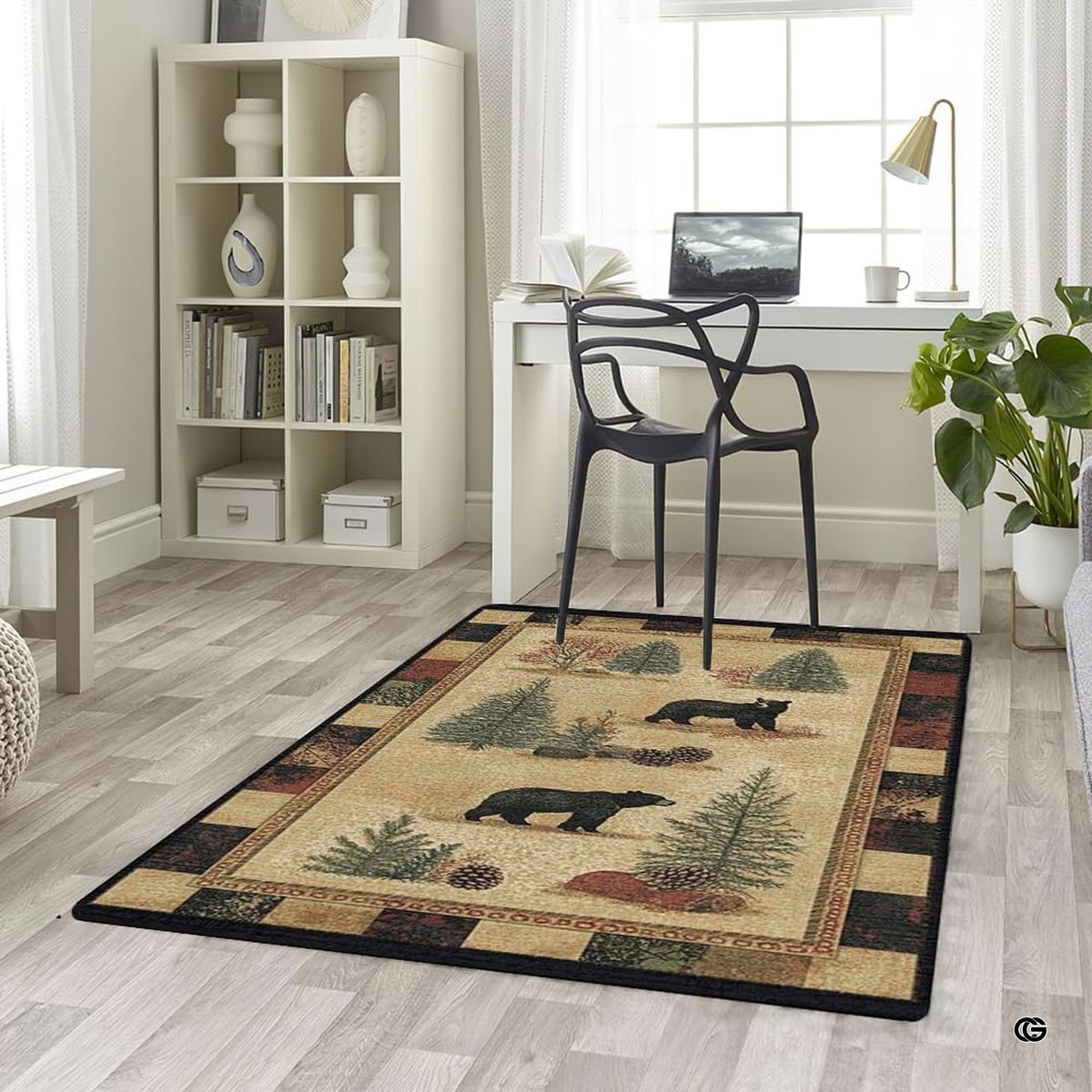 Overhead layout view of the rectangular woodland bear and pinecone patchwork wildlife area rug