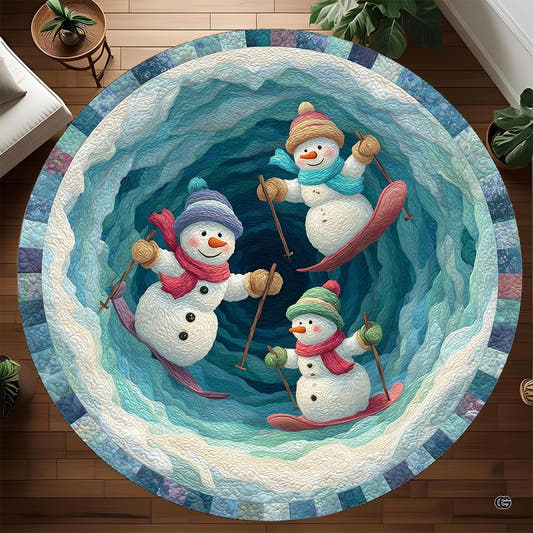 Round rug with three skiing snowmen in a turquoise ice tunnel