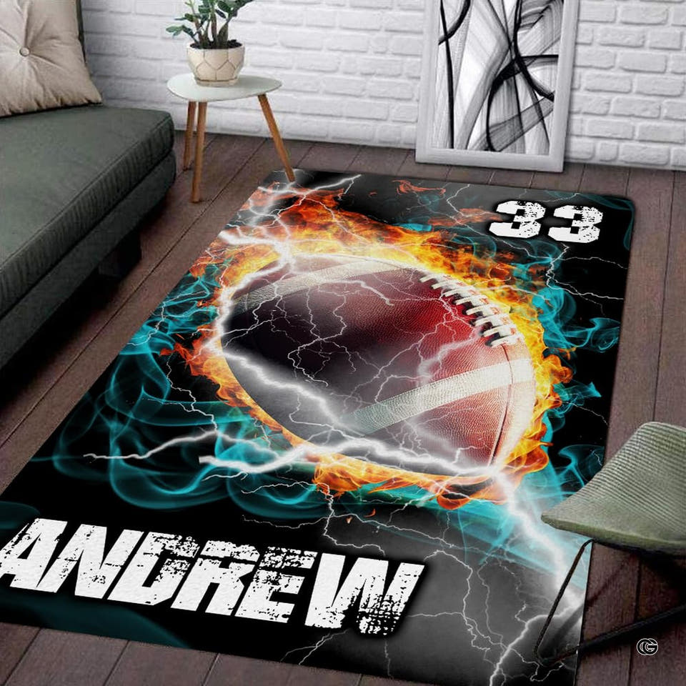 Football fire and cyan lightning boys bedroom rug blue area rug