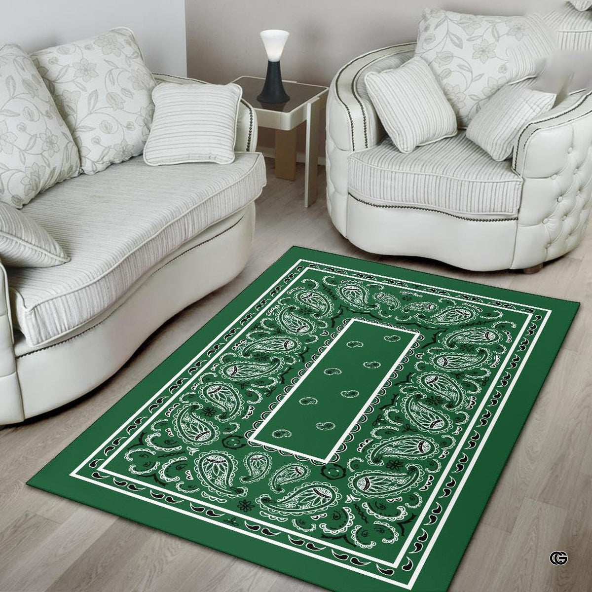 Green bandana rug styled across modern living room floor showcasing vibrant graphic contrast.