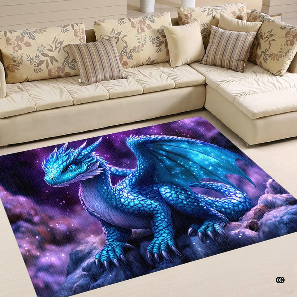 Frost dragon fantasy floor rug area rug featuring crystalline scales thematic accent a purple starry nebula.