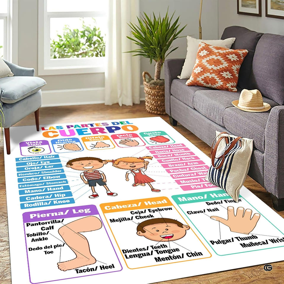 Bilingual classroom area rug featuring human anatomy illustration and clear labeled vocabulary.