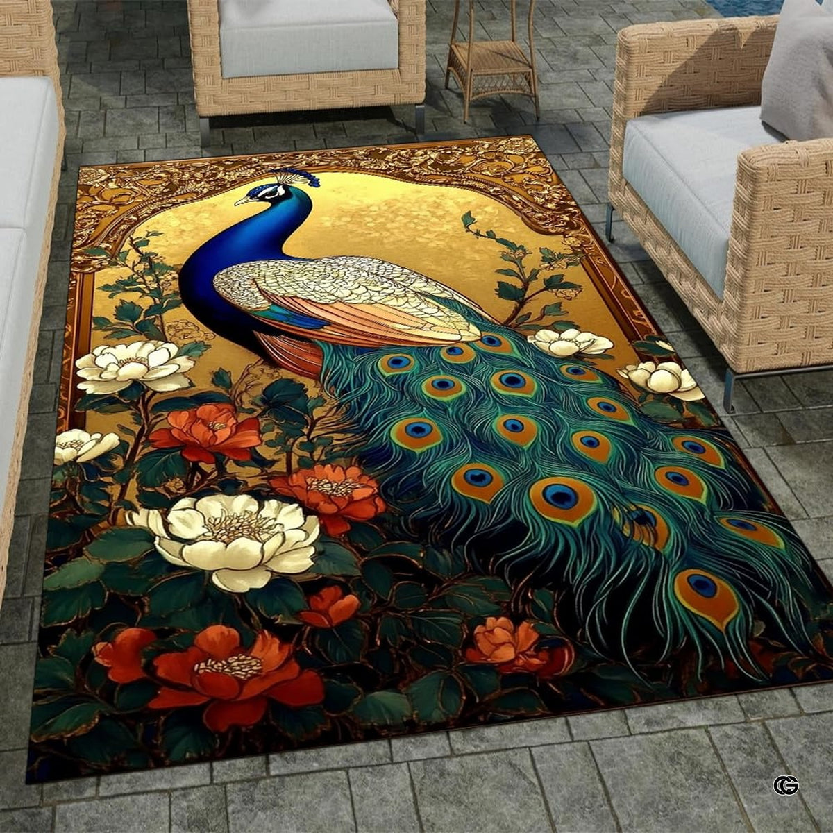 Angle display highlighting teal eye plumage and textured olive backdrop.