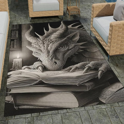 Charcoal fantasy dragon resting its head and claws on an open spellbook beside a candle in an ancient library area rug. - thumbnail image 1 of 8