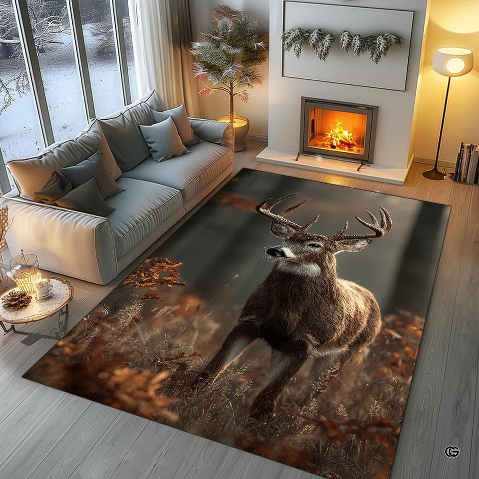 Autumn whitetail buck leaping forest meadow area rug in living room by fireplace