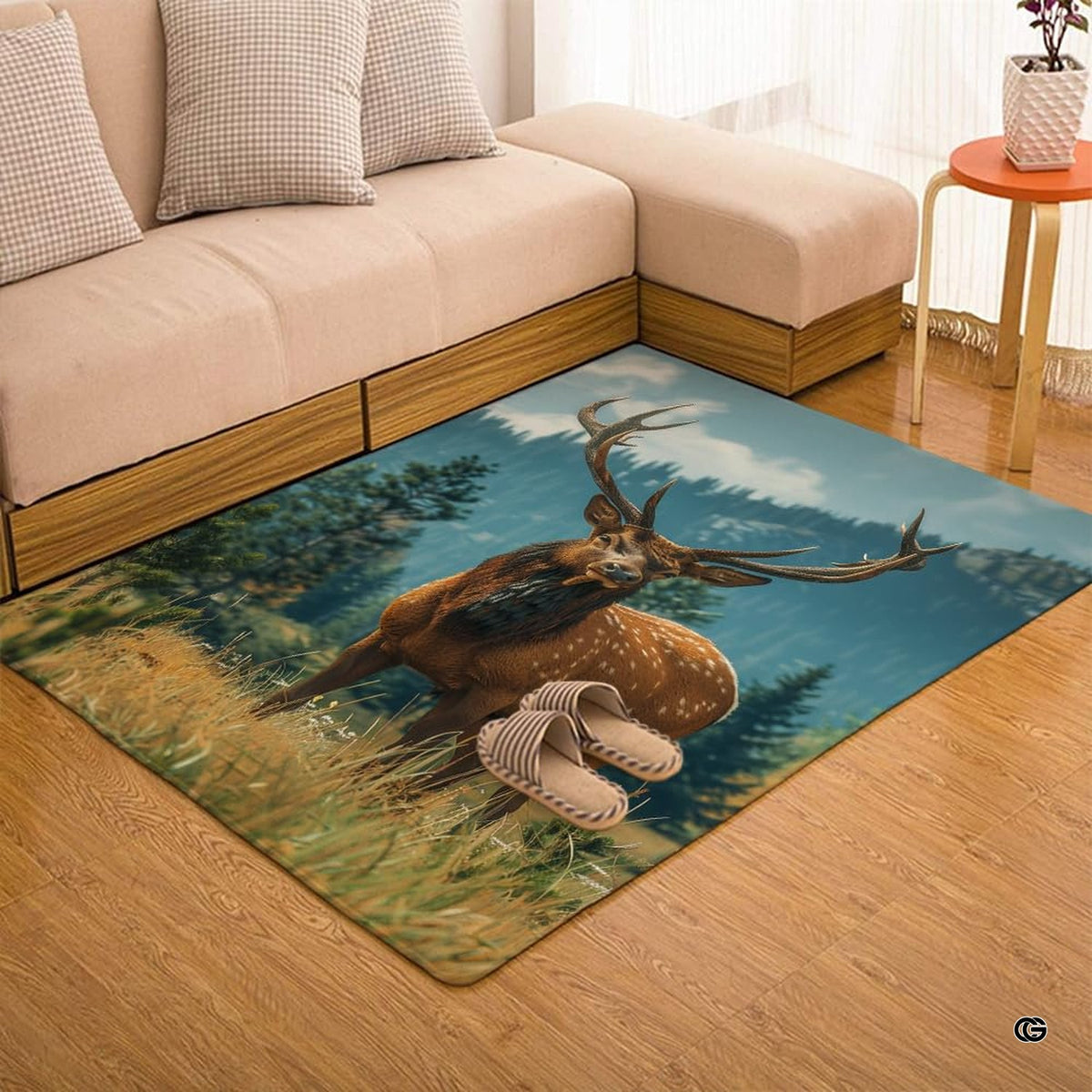 Top-down overhead view of rectangular bull elk mountain meadow area rug