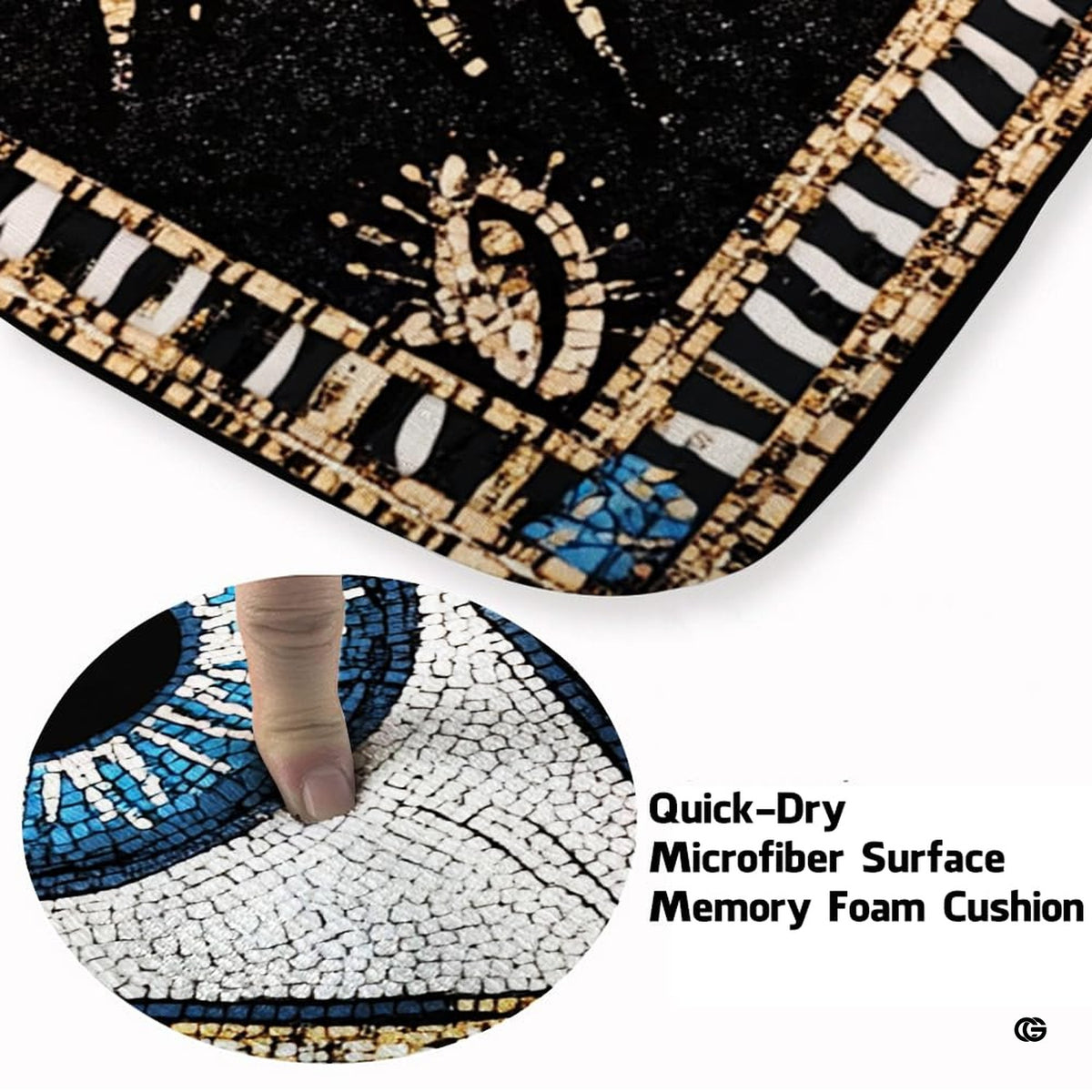 Close up view of the intricate tile mosaic border and golden decorative rays on an evil eye rug. - image 3 of 8