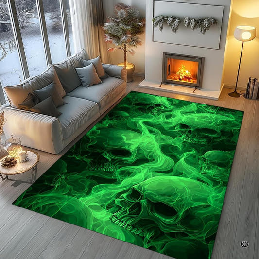 Living room fireplace scene displaying the green neon smoke skull area rug
