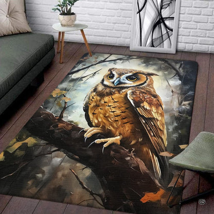 Majestic horned owl woodland forest rectangular area rug in living room. - thumbnail image 1 of 8